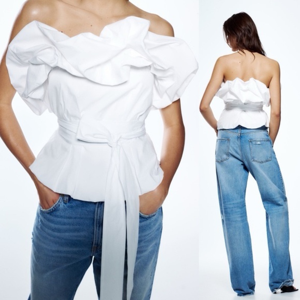 Zara White Voluminous Poplin Top Off Shoulder